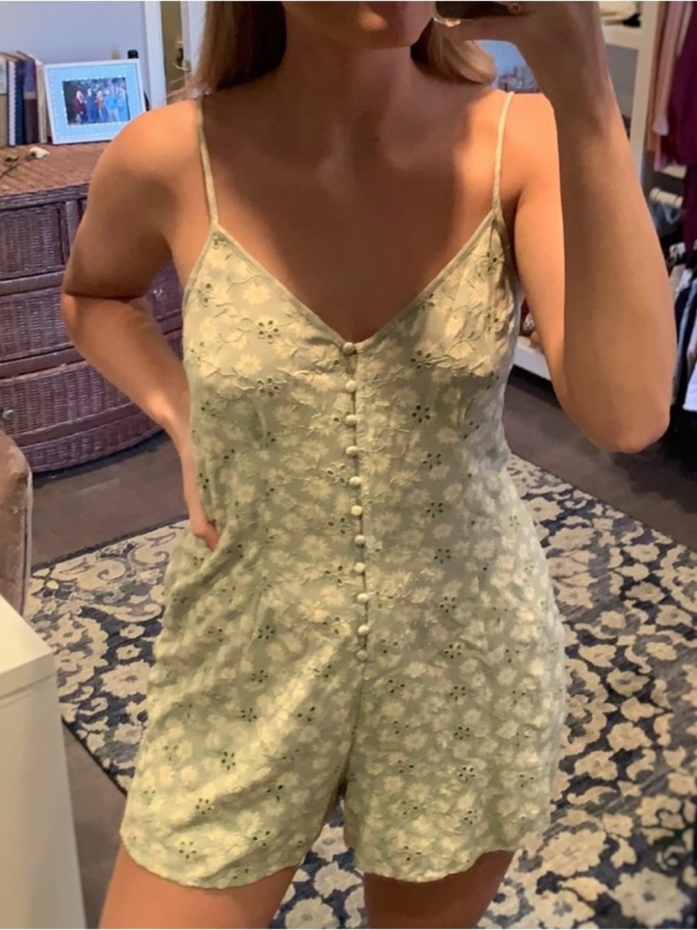 American eagle AE Light green mint Floral Eyelet Romper NWOT size small